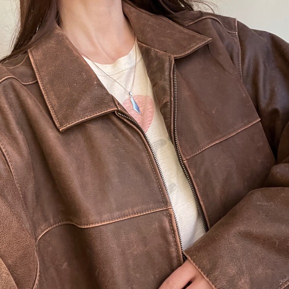 Vintage Leather Bomber Jacket Brown Faded Distressed Oversized Boxy Zip Coat - Picture 3 of 10
